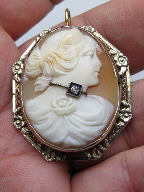 14K Cameo Brooch Diamond & Pendant Vintage